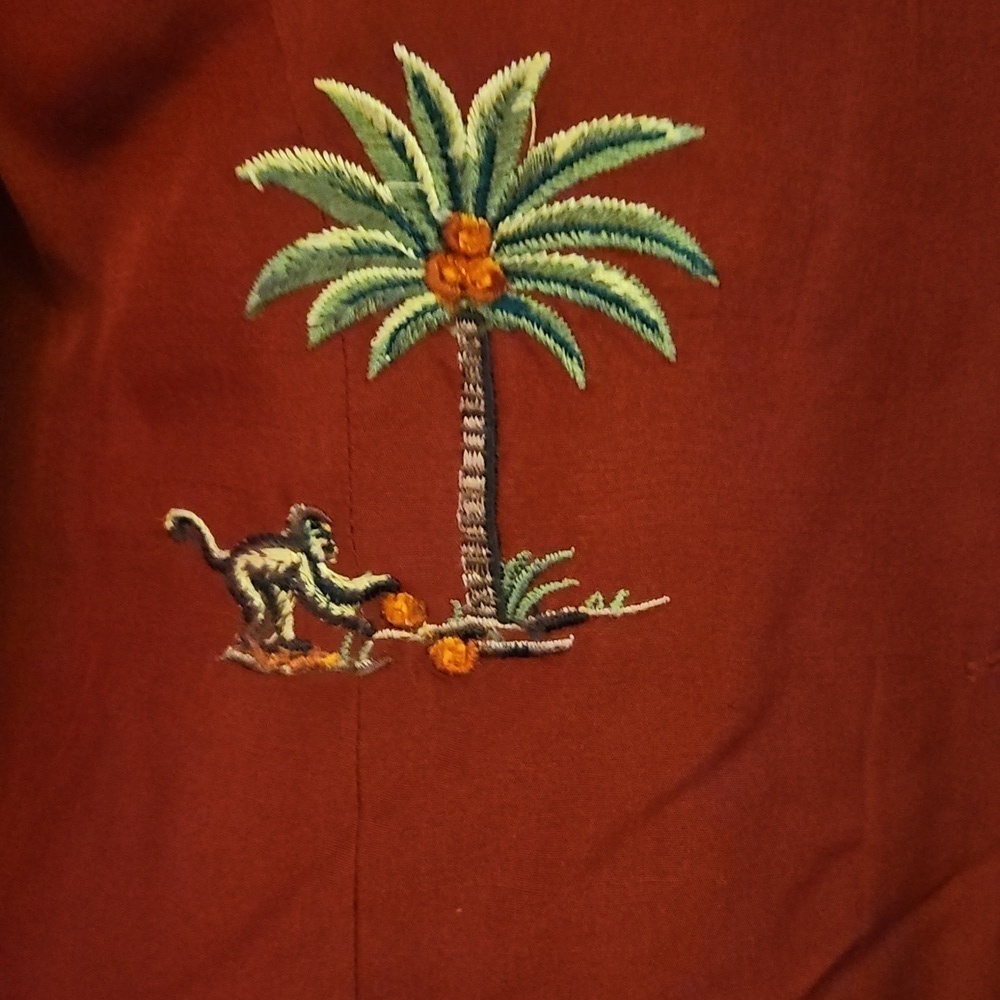 Vintage SILKLAND Maroon Palm Tree Monkey Embroidered Button Down Shacket - Picture 5 of 9